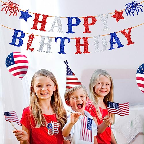 Ushinemi Glitter 4th of July Birthday Decorations, Red White and Blue Happy Birthday Banner, Patriotic Independence Day Birthday Party Supplies