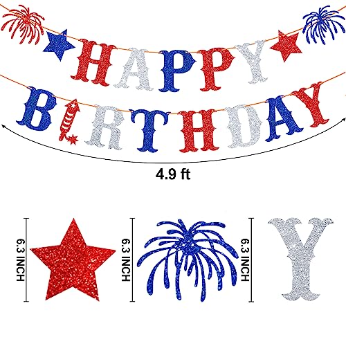 Ushinemi Glitter 4th of July Birthday Decorations, Red White and Blue Happy Birthday Banner, Patriotic Independence Day Birthday Party Supplies