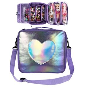 vethers doll carrying case compatible with lol surprise omg, display organizer compatible with big sister 3-inch dolls with a hanging hook and 7 clear zipper pockets, bag only (purple)