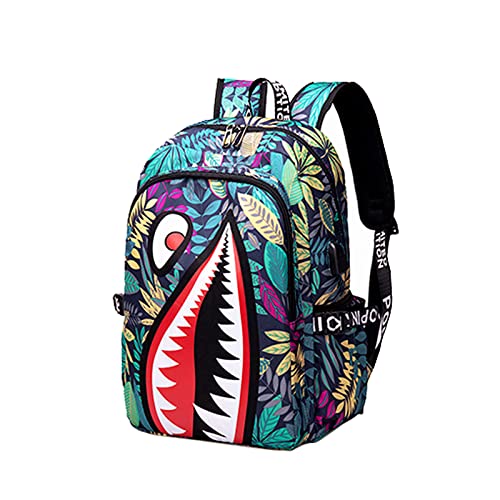 CHXIAOX Laptop Backpack Travel Bag for Men Women, Street Fashion Business Hiking Waterproof Bag with USB Port 17" - Green Camo Shark
