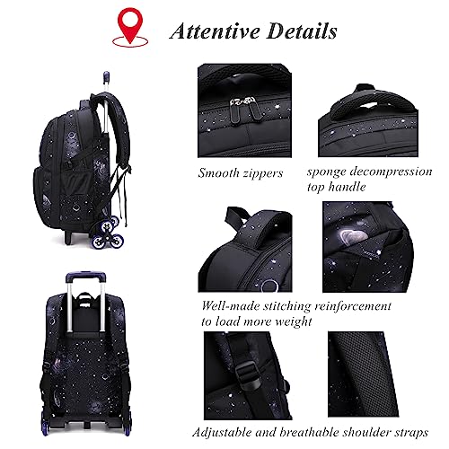 Galaxy Rolling Backpacks for Boys School Elementary, Universe Trolley Boys Backpacks Bookbags with 2 Wheels