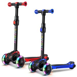 tonbux scooter for kids ages 3-5, toddler scooter with 4 adjustable heights, kids scooter light up 3 wheels, shock absorption design, lean to steer, balance training scooter for kids（blue+red）