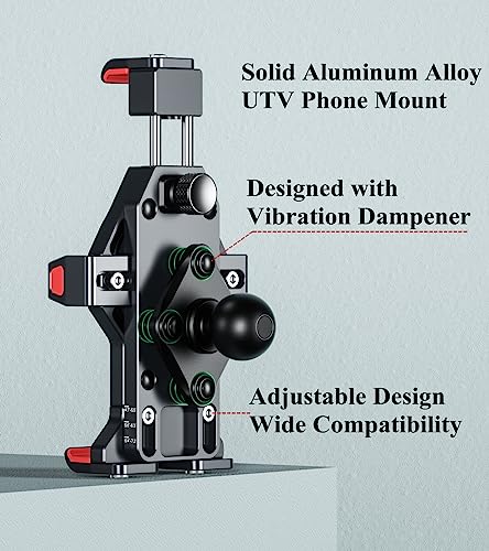 BRCOVAN Aluminum Alloy UTV Phone Holder with Vibration Dampener & High-Speed Secure Lock, Metal Anti-Shake UTV Roll Bar Cellphone Mount Fit Roll Cage 1.5/1.65/1.75/1.85/2 inch, for 4.7''-7.2'' Phones