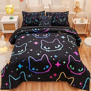 tasselily cute cat twin comforter set for boys girls, soft warm lightweight 6 piece bed in a bag teen kids bedding sets with sheets