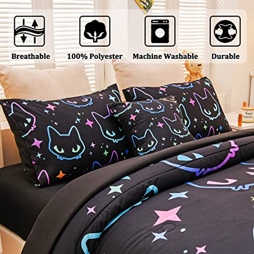 Tasselily Cute Cat Twin Comforter Set for Boys Girls, Soft Warm Lightweight 6 Piece Bed in A Bag Teen Kids Bedding Sets with Sheets