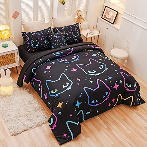 Tasselily Cute Cat Twin Comforter Set for Boys Girls, Soft Warm Lightweight 6 Piece Bed in A Bag Teen Kids Bedding Sets with Sheets