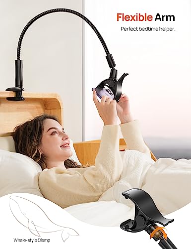 Aomiker Gooseneck Phone Holder for Bed - [2023 Upgrade Nylon Braid] 38” Flexible Lazy Arm Clip, 360 Adjustable Overhead Phone Mount for iPhone 14 13 12 11 Pro Max Mini Plus, all 4-7" Cellphone - Black