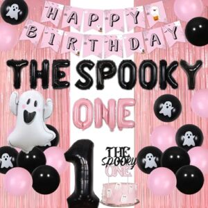 the spooky one birthday decorations girl, pink curtain backdrop with pink black balloons, the spooky one cake topper white ghost black bat foil balloons for halloween 1st birthday party decorations