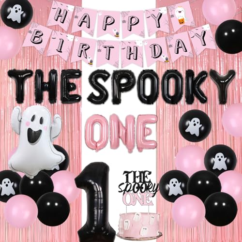 The Spooky One Birthday Decorations Girl, Pink Curtain Backdrop with Pink Black Balloons, The Spooky One Cake Topper White Ghost Black Bat Foil Balloons for Halloween 1st Birthday Party Decorations