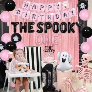 The Spooky One Birthday Decorations Girl, Pink Curtain Backdrop with Pink Black Balloons, The Spooky One Cake Topper White Ghost Black Bat Foil Balloons for Halloween 1st Birthday Party Decorations