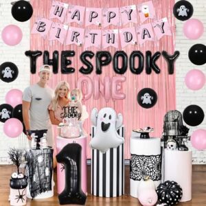 The Spooky One Birthday Decorations Girl, Pink Curtain Backdrop with Pink Black Balloons, The Spooky One Cake Topper White Ghost Black Bat Foil Balloons for Halloween 1st Birthday Party Decorations