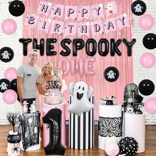 The Spooky One Birthday Decorations Girl, Pink Curtain Backdrop with Pink Black Balloons, The Spooky One Cake Topper White Ghost Black Bat Foil Balloons for Halloween 1st Birthday Party Decorations