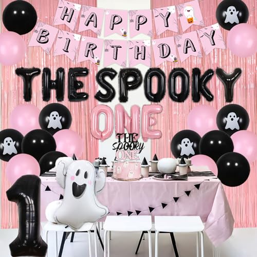 The Spooky One Birthday Decorations Girl, Pink Curtain Backdrop with Pink Black Balloons, The Spooky One Cake Topper White Ghost Black Bat Foil Balloons for Halloween 1st Birthday Party Decorations