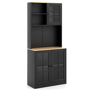 byroce kitchen pantry with cabinets & open shelves, modern tall cabinet with large countertop, glass doors, adjustable shelves, buffet cabinet cupboard for kitchen, living room, dining room (black)