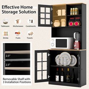 Byroce Kitchen Pantry with Cabinets & Open Shelves, Modern Tall Cabinet with Large Countertop, Glass Doors, Adjustable Shelves, Buffet Cabinet Cupboard for Kitchen, Living Room, Dining Room (Black)