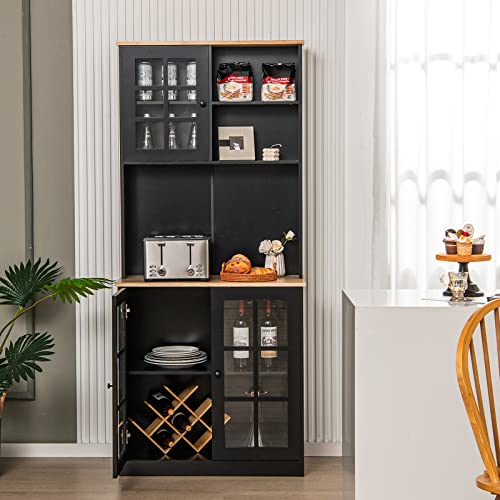 Byroce Kitchen Pantry with Cabinets & Open Shelves, Modern Tall Cabinet with Large Countertop, Glass Doors, Adjustable Shelves, Buffet Cabinet Cupboard for Kitchen, Living Room, Dining Room (Black)