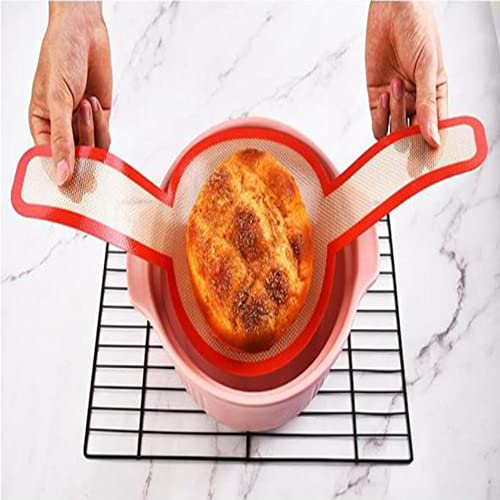 2 Pcs Silicone Baking Mat with Long Handle Reusable Baking Bread Pad for Dutch Oven Glass Fiber Bread Baking Sheet for Transfer of Dough (Red, 2)