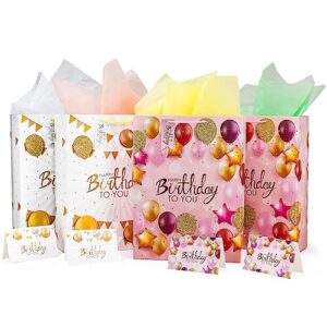 neatnsharp 17" large birthday gift bag with tissue paper; gift bags for presents - 4 pack large birthday gift bags with handles - (4 gift bags, 12 tissue paper, 4 birthday cards and 4 envelopes)