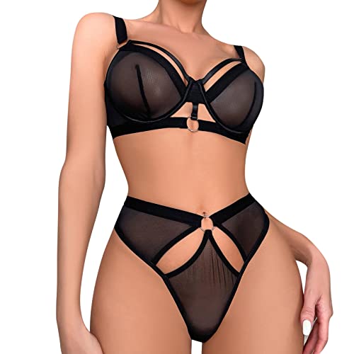 HUANKD Women's Lingerie Sexy, Sexy Naughty Underwear Lace Teddy Lingerie for Women, Women's Fashion Strapstwo-Piece Suit Solid Color Wireless Bra Underwear Panties Lengerie Plus Size (L, Black-1)