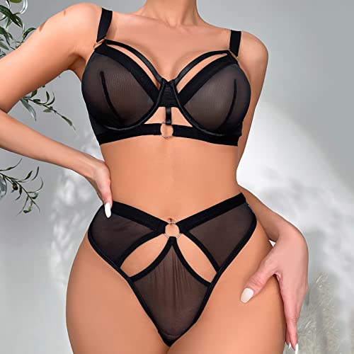 HUANKD Women's Lingerie Sexy, Sexy Naughty Underwear Lace Teddy Lingerie for Women, Women's Fashion Strapstwo-Piece Suit Solid Color Wireless Bra Underwear Panties Lengerie Plus Size (L, Black-1)