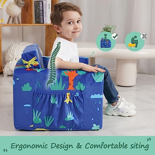 ACRABROS-Toddler-Kids-Couch-Toddler-Chairs-for-Boys-Girls 2 in 1 Baby Sofa Fold Out to Lounger, Pre-Assembled, Soft Plush Kids Furniture for Playroom Bedroom,Dinosaur.