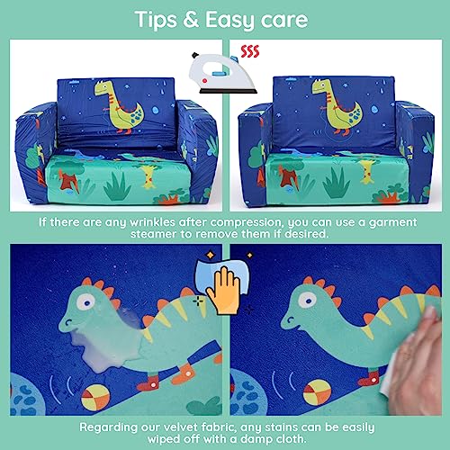 ACRABROS-Toddler-Kids-Couch-Toddler-Chairs-for-Boys-Girls 2 in 1 Baby Sofa Fold Out to Lounger, Pre-Assembled, Soft Plush Kids Furniture for Playroom Bedroom,Dinosaur.