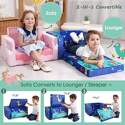 ACRABROS-Toddler-Kids-Couch-Toddler-Chairs-for-Boys-Girls 2 in 1 Baby Sofa Fold Out to Lounger, Pre-Assembled, Soft Plush Kids Furniture for Playroom Bedroom,Dinosaur.