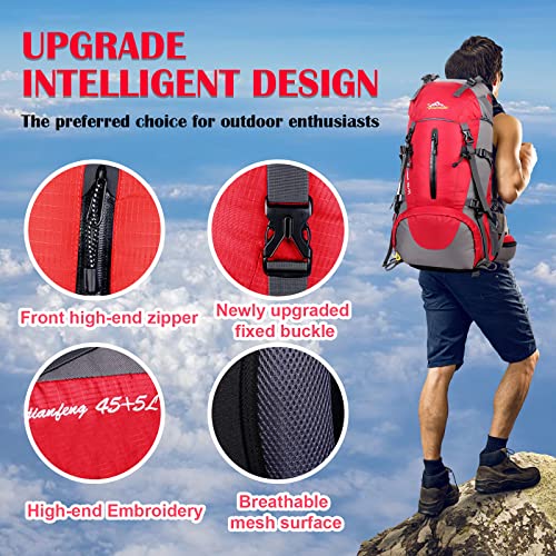 HERYWEKD Hiking Backpack, 50L Travel Backpack, Waterproof Lightweight Camping Backpack， Suitable for Hiking, Mountaineering, Camping (Red)