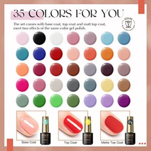 ROSALIND 38PCS Gel Nail Polish Set, 35 Colors Gel Polish Set with Base Coat and Glossy & Matte Gel Top Coat Gel Nail Polish Starter Set Pink Red Green Blue Gel Nail Art Gifts for Women