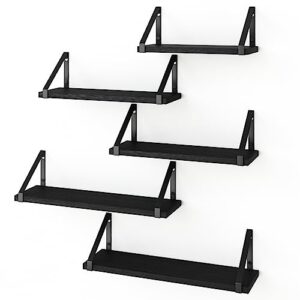 fixwal floating shelves, width 4.7 inches wall mounted shelves set of 5, rustic wood storage bookshelves, farmhouse decor for bathroom, bedroom, living room, kitchen and office (black)