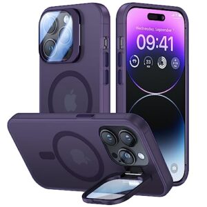 vofata for iphone 14 pro case with metal camera stand [built-in 9h camera lens protector][compatible with magsafe] military grade shockproof translucent matte magnetic phone case 6.1",purple