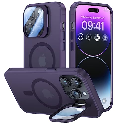 VOFATA for iPhone 14 Pro Case with Metal Camera Stand [Built-in 9H Camera Lens Protector][Compatible with Magsafe] Military Grade Shockproof Translucent Matte Magnetic Phone Case 6.1",Purple