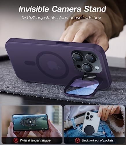 VOFATA for iPhone 14 Pro Case with Metal Camera Stand [Built-in 9H Camera Lens Protector][Compatible with Magsafe] Military Grade Shockproof Translucent Matte Magnetic Phone Case 6.1",Purple