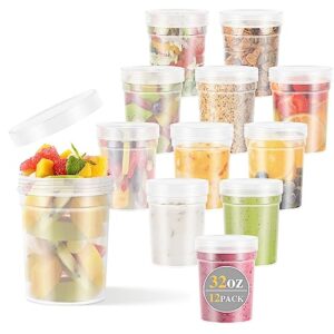 leawalk 32 oz deli food storage containers with screw on lids, reusable bpa free plastic freezer soup overnight oats containers with lids, leak proof, stackable, microwave dishwasher safe -12 pack