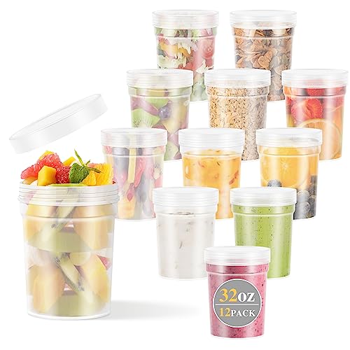 LEAWALK 32 oz Deli Food Storage Containers with Screw on Lids, Reusable BPA Free Plastic Freezer Soup Overnight Oats Containers With Lids, Leak Proof, Stackable, Microwave Dishwasher Safe -12 Pack