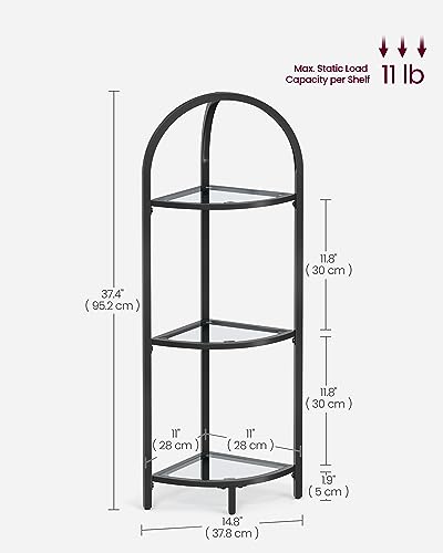 VASAGLE 3-Tier Corner Shelf Stand, Corner Bookshelf, Bathroom Organizer, Plant Stand, Tempered Glass, Steel Frame, Modern Style, for Living Room, Bathroom, Kitchen, Classic Black ULGT811B61