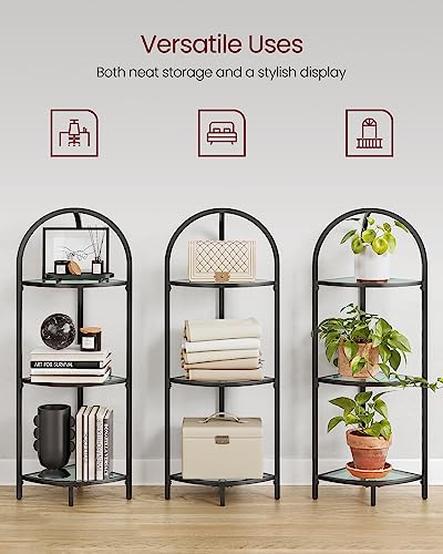 VASAGLE 3-Tier Corner Shelf Stand, Corner Bookshelf, Bathroom Organizer, Plant Stand, Tempered Glass, Steel Frame, Modern Style, for Living Room, Bathroom, Kitchen, Classic Black ULGT811B61