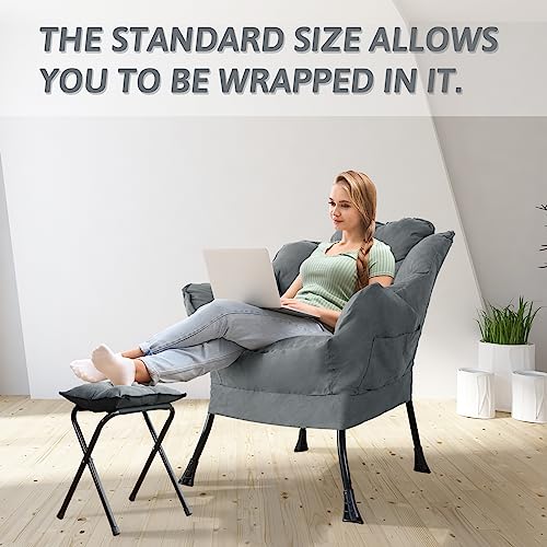 HIGOGOGO Modern Fabric Living Room Chair with Folding Footrest Stool, Sofa Chair with Portable Ottoman, Recliner Chair Steel Frame Leisure Bedroom Chair and Anti-Slip Footstool，Light Grey