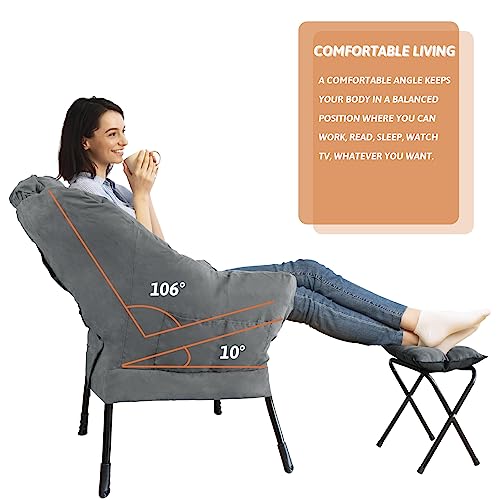HIGOGOGO Modern Fabric Living Room Chair with Folding Footrest Stool, Sofa Chair with Portable Ottoman, Recliner Chair Steel Frame Leisure Bedroom Chair and Anti-Slip Footstool，Light Grey
