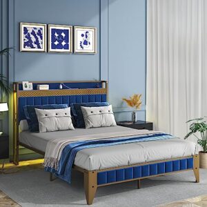 saudism led bed frame with charging station, queen size bed frame with headboard storage, sturdy and durable, no box spring needed, gold+navy blue