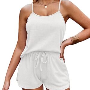 Ekouaer Soft Pajamas for Women Comfort Waffle Knit Cami Pj Set,White,Small