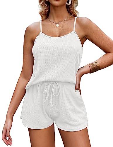 Ekouaer Soft Pajamas for Women Comfort Waffle Knit Cami Pj Set,White,Small