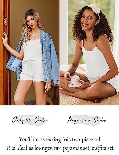 Ekouaer Soft Pajamas for Women Comfort Waffle Knit Cami Pj Set,White,Small