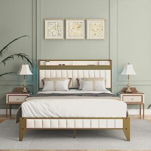 saudism led bed frame with charging station, king size bed frame with headboard storage, sturdy and durable, no box spring needed, gold+beige