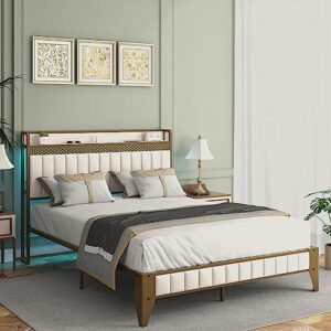 Saudism LED Bed Frame with Charging Station, King Size Bed Frame with Headboard Storage, Sturdy and Durable, No Box Spring Needed, Gold+Beige