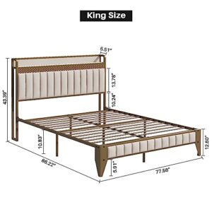 Saudism LED Bed Frame with Charging Station, King Size Bed Frame with Headboard Storage, Sturdy and Durable, No Box Spring Needed, Gold+Beige