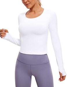 crz yoga long sleeve crop tops for women workout cropped top yoga slim fit athletic gym shirts with thumb hole white small