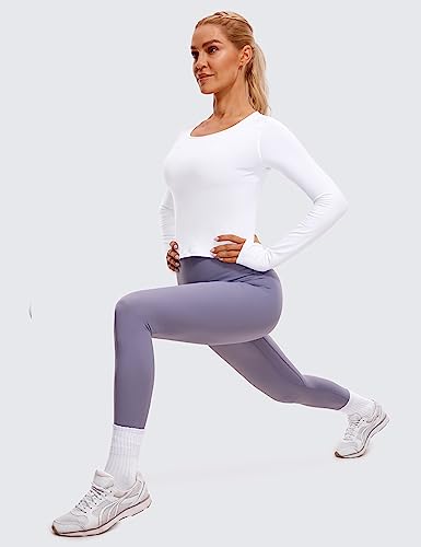 CRZ YOGA Long Sleeve Crop Tops for Women Workout Cropped Top Yoga Slim Fit Athletic Gym Shirts with Thumb Hole White Small