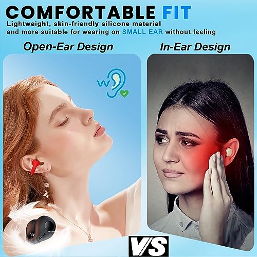 Mudtun Ear Clips Ear Buds, Clip on Headphones Ear Clip Bone Conduction Headphones Open Ear Earbuds for Small Ear Canals, Mini Light-Weight Clip on Earbuds for Sports Running Cycling Workout, Red