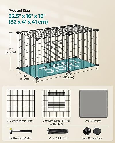 SONGMICS Small Animal Playpen, Pet Cage with Top and Base, 2 Doors, Easy to Clean, Metal Wire Guinea Pig Pen for Hamsters, Hedgehogs, L, 32.5 x 16 x 16 Inches, Black ULPI009B01